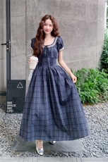 蓝色复古格子连衣裙女2025夏季新款法式文艺风气质显瘦泡泡袖长裙，女装连衣裙，2C259