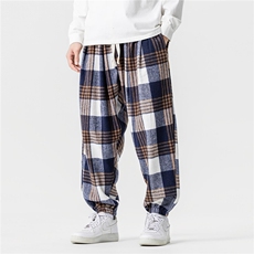 秋冬大码日系港风复古格子休闲束脚裤潮工装磨毛哈伦裤K292/P60，男装工装外套，电商A221A