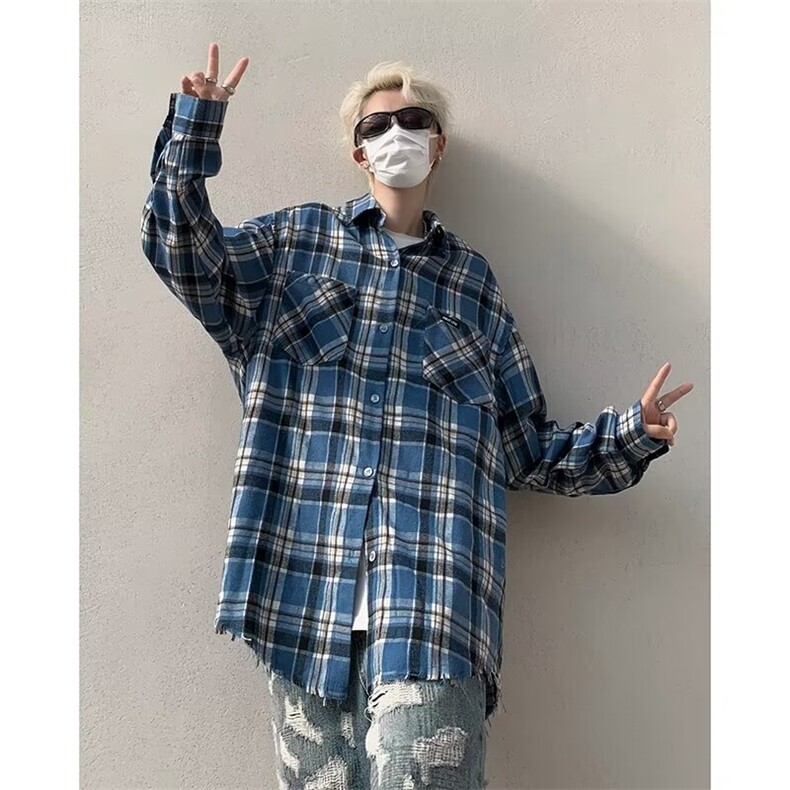 秋季蓝色格纹衬衫宽松宽松情侣装休闲长袖格子衬衣外套男2217/P42,男装衬衫,星座506