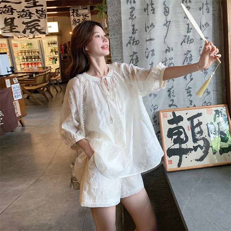 新中式国风禅意防晒套装裤女夏2025新款高级松弛感刺绣短裤两件套,女装套装/套裙,维壹