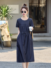短袖休闲天丝牛仔连衣裙女2024夏季新款韩版薄款收腰显瘦中长裙子，女装连衣裙，姿衣坊