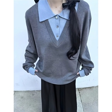 M278-P56春秋新款时尚减龄拼接POLO领假两件长袖T恤上衣女修身，男装T恤，电商B323A