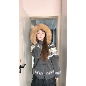 重磅北极绒座山雕大毛毛领毛衣外套冬美式复古休闲慵懒风针织开衫图片