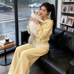 休闲运动套装秋季新款纯色连帽短款卫衣内搭蕾丝背心阔腿裤三件套图片