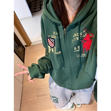美式复古开衫拉链连帽卫衣外套女秋季宽松潮牌刺绣潮LB60133-P59，女装短外套，星座1008