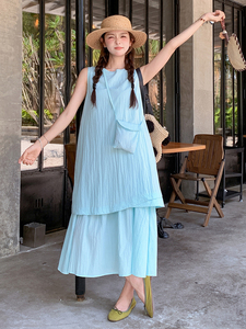 蓝色无袖假两件连衣裙女2025夏季新款韩系宽松休闲显瘦减龄背心裙图片