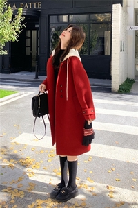 红色针织连帽毛呢羽绒服女冬超火好看高级感保暖加厚中长大衣外套图片