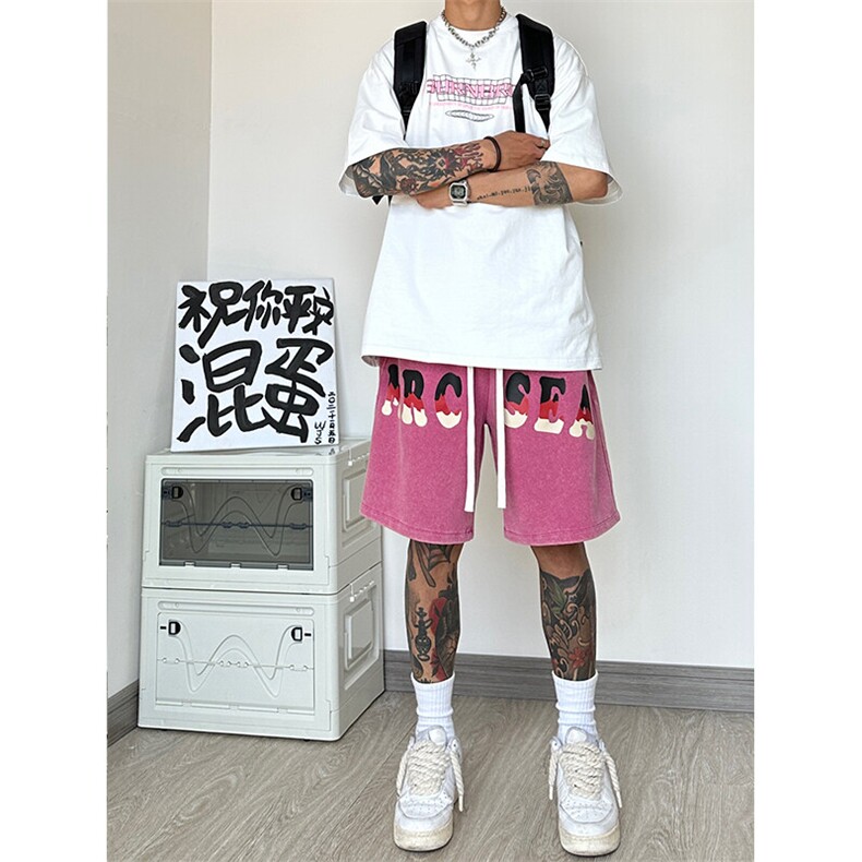 纯棉320G重磅水洗做旧印花短裤A014-DY2370-P50控68,男装休闲裤,电商A014