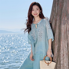 2026年春季文艺风女短袖宽松亲肤透气薄苎麻文艺/优雅，女装衬衫，江南依恋