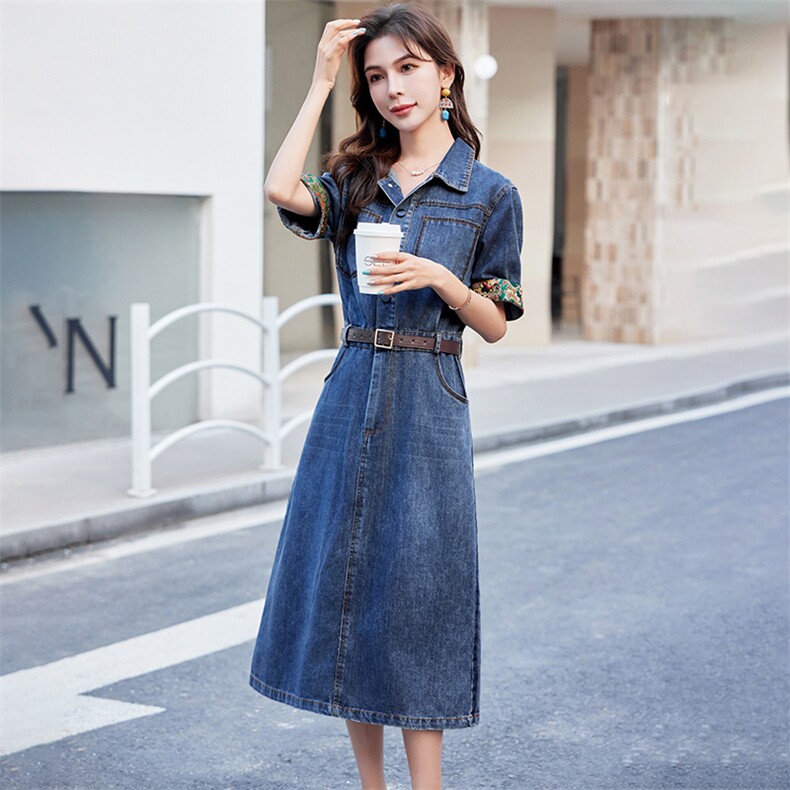 时尚减龄中式牛仔裙衬衫领收腰舒适牛仔长裙连衣裙女夏款,女装连衣裙,丽影随形