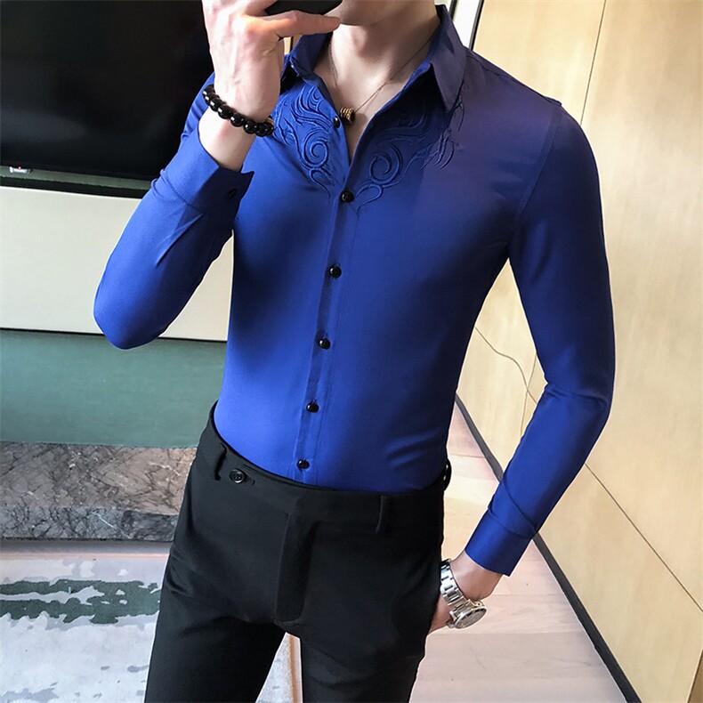 春青年英伦风男长袖衬衫修身刺绣衬衣绣花衬衫工装A068-BF28-P60图片