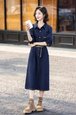 欧货时尚牛仔连衣裙女2024春秋新款高端独特炸街洋气减龄衬衫长裙，女装连衣裙，E百度