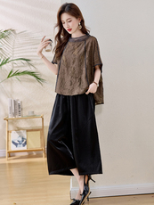 贵夫人气质妈妈套装女2025夏季新款宽松洋气提花上衣阔腿裤两件套，女装套装/套裙，魅衣本色