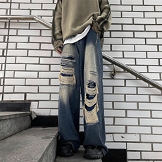 秋款男牛仔裤破洞补丁拼接渐变色长裤NK808P50，男装牛仔裤，星座1013-1