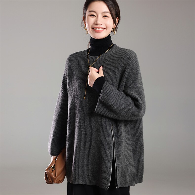 羊范轻奢保暖羊毛针织毛衣女圆领侧拉链上衣宽松开叉打底衫,女装羊毛衫,挚尚羊绒