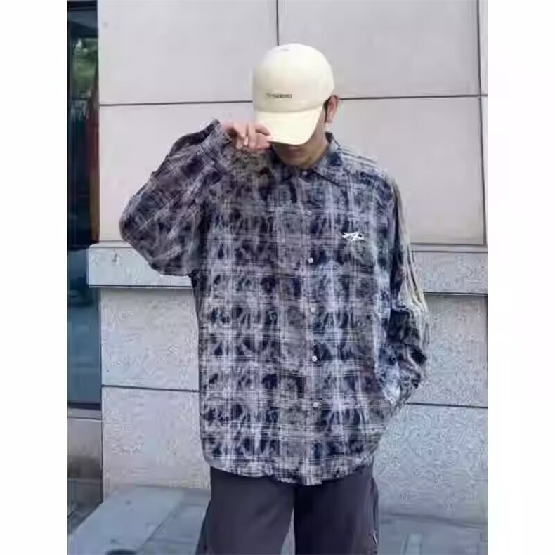 C331-P43标准翻领潮秋季男女美式做旧格子拼接长袖衬衫百搭,男装衬衫,电商B323A