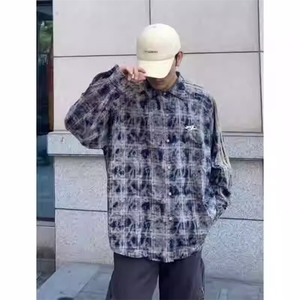 C331-P43标准翻领潮秋季男女美式做旧格子拼接长袖衬衫百搭