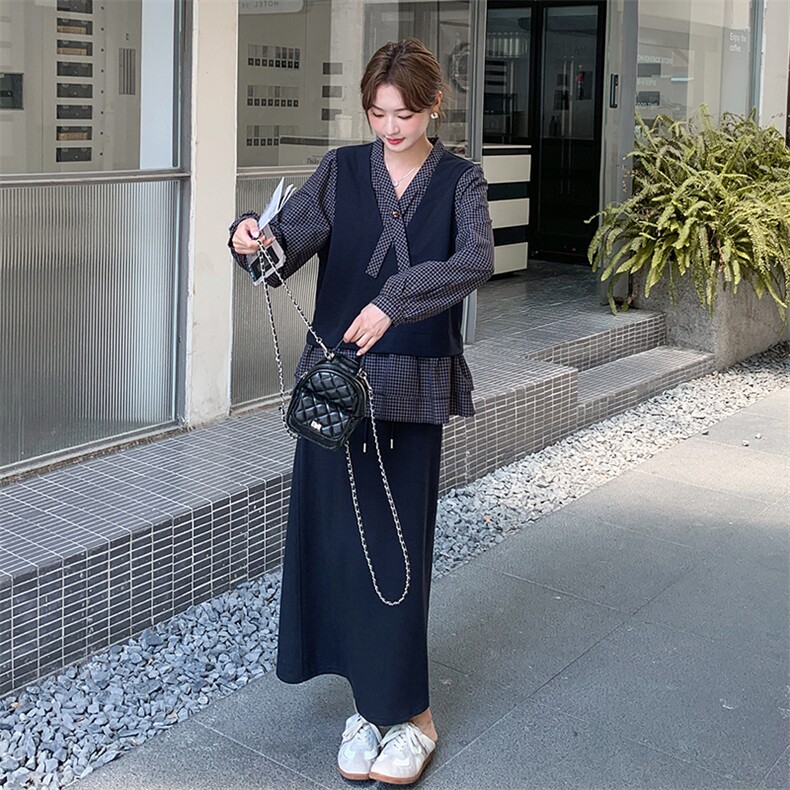 主推款!现货！韩系格纹拼接假两件半身裙套装6876-P175-K258,女装套装/套裙,2D034