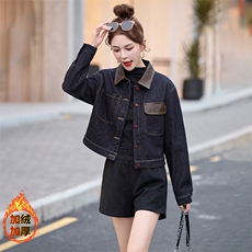 安可拉红牛仔外套女高级感撞色上衣2024秋冬加绒加厚PU皮拼接夹克，女装牛仔外套，美拉德工厂直营店