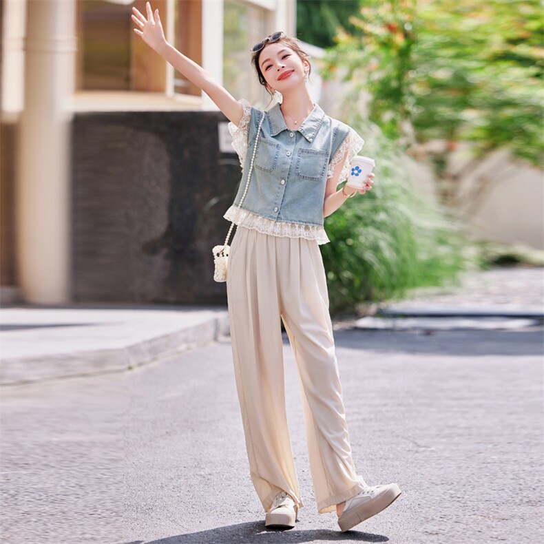 现货2024年夏季休闲/淑女新款女装韩版休闲牛仔蕾丝两件套套裤,女装套装/套裙,靓星雨