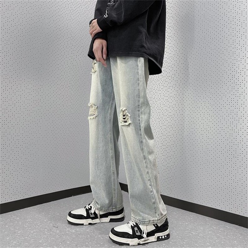 牛仔裤炸街风破洞补丁男裤灰色复古水洗做旧B225-K2389-P63-X78，男装牛仔裤，电商B225