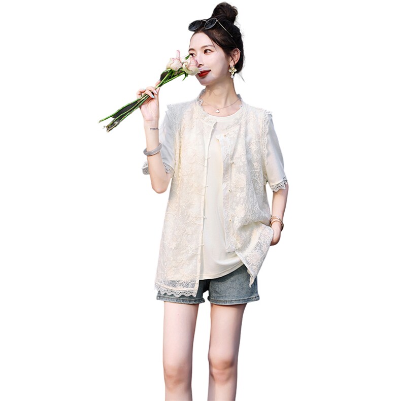 《48H发现货》时尚蕾丝马甲配+T两件套,女装马甲,歌伊格美