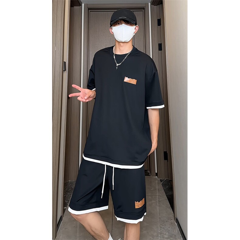假两件运动套装男生夏季薄款美式潮牌简约百搭短袖短裤穿搭两件套,男装休闲套装,电商A007