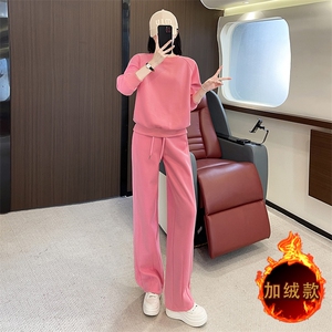 女秋冬显瘦加绒圆领卫衣阔腿裤两件套图片