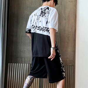 2021夏季新款休闲潮流男士双色字母印花T恤加黑色短裤DW959-P25图片