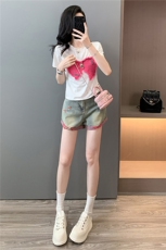 女夏新款韩版时尚休闲套装圆领刺绣蝴蝶结短袖上衣牛仔短裤两件套，女装套装/套裙，江南