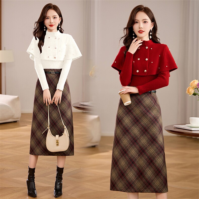 时尚潮流毛呢两件套套裙2024年冬季，女装套装/套裙，鑫鑫美