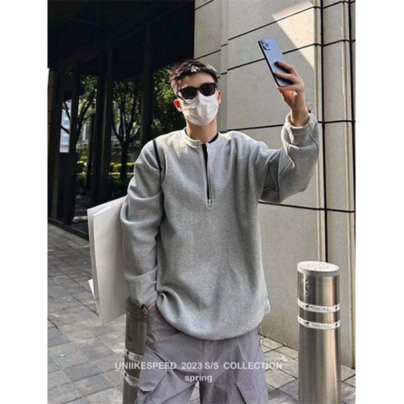 复古无领纯色卫衣男半拉链慵懒风宽松春季套头百搭上衣W8804,男装卫衣,星座1116A（原606A-3）