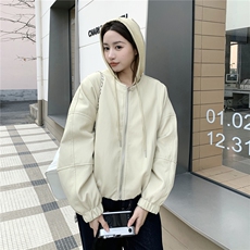 春装有货】奶黄色机车皮衣连帽休闲外套p165k268，女装短外套，2C295
