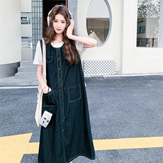 韩版复古牛仔盐系减龄连衣裙女2025夏季新款单排扣慵懒显瘦背带裙，女装连衣裙，2D009