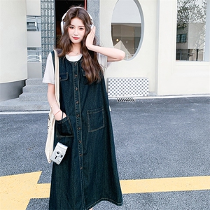 韩版复古牛仔盐系减龄连衣裙女2025夏季新款单排扣慵懒显瘦背带裙图片