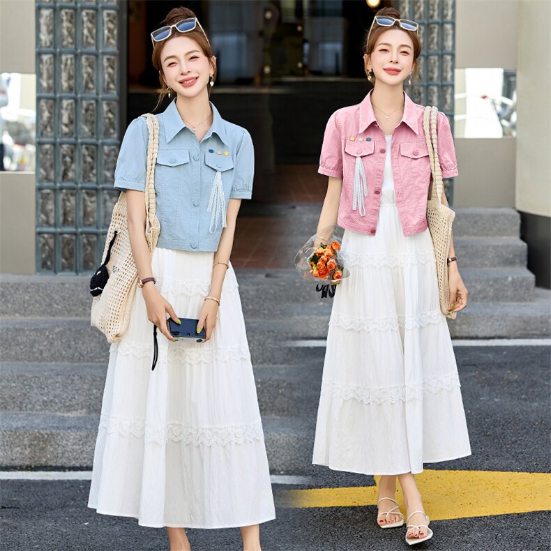 法式气质白色蕾丝蛋糕裙灰色针织开衫外套两件套2025春夏新款套装，女装套装/套裙，悠米