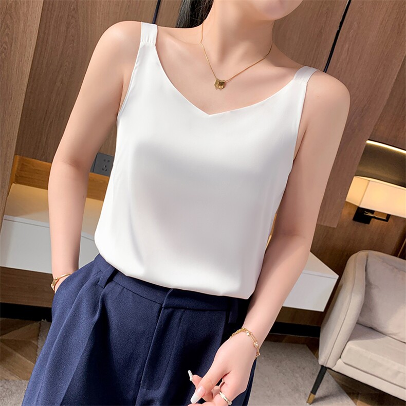 重磅升级真丝吊带背心女V领缎面无袖上衣桑蚕丝西装内搭外穿打底，女装背心吊带，朝贺羊绒