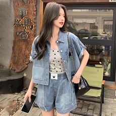 夏季新款时尚气质休闲简约个性百搭舒适牛仔两件套，女装套装/套裙，纯色衣恋