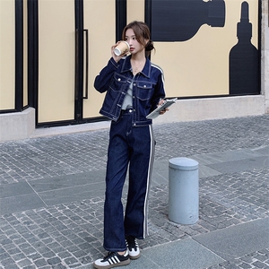 时尚牛仔套装女春秋季2025设计感短外套搭配阔腿裤气质休闲两件套图片