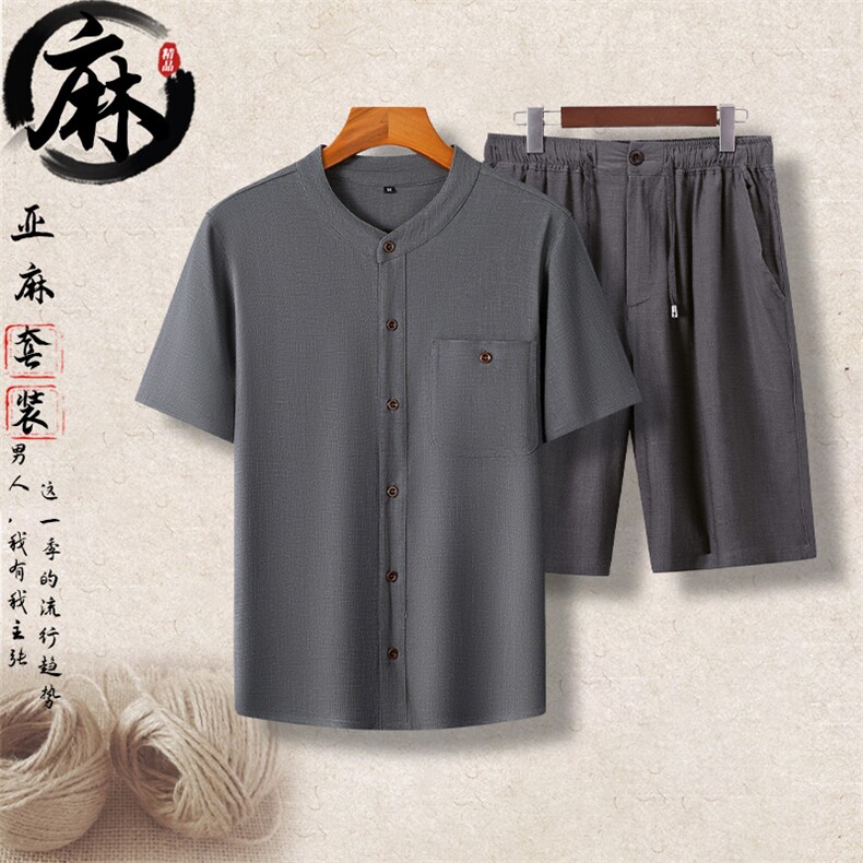 主推中老年风亚麻短袖t恤短裤套装中年棉麻休闲大码短袖，男装牛仔裤，钱塘723