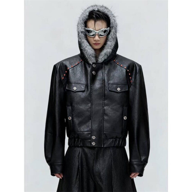网图美潮PU皮机车服红铆钉座山雕棉服外套W1888/特P148,男装棉衣,电商B350