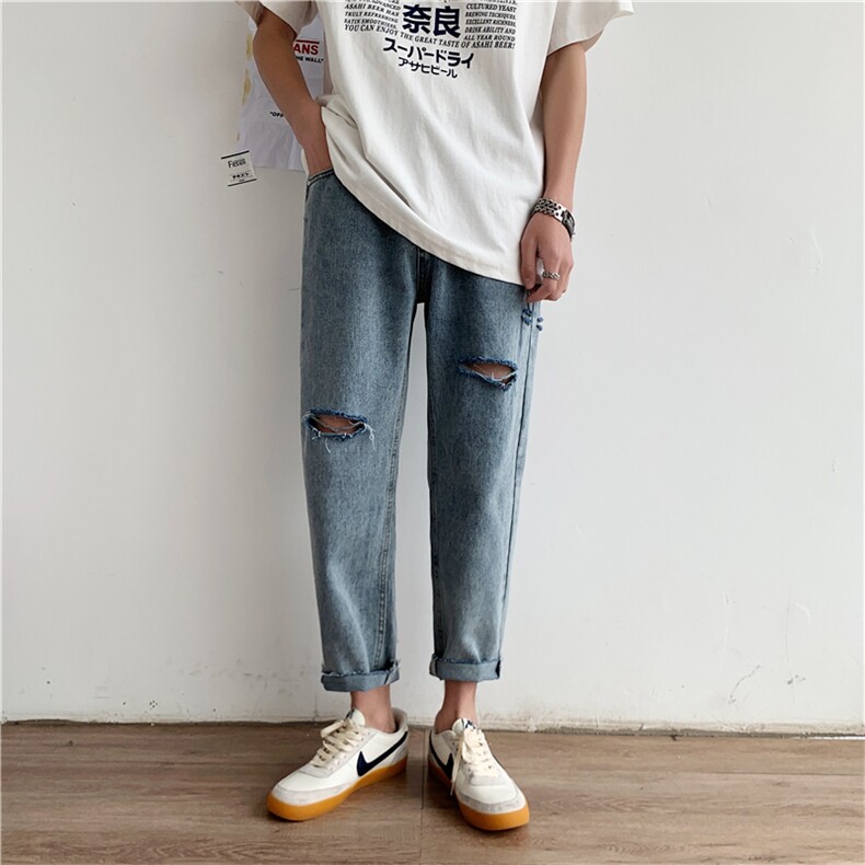 夏季破洞牛仔裤男直筒宽松韩版潮流ins港风长裤裤子潮牌图片