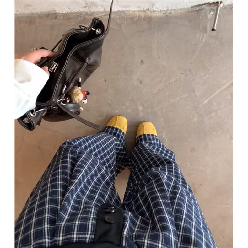 宽松复古格子阔腿裤女夏季新款直筒慵懒风遛弯裤休闲长裤AK646，男装休闲裤，星座601-1