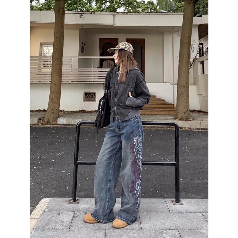 美式复古刺绣宽松直筒竹节纹牛仔裤男女阔腿街头cleanfit长裤潮,男装牛仔裤,四季星座505