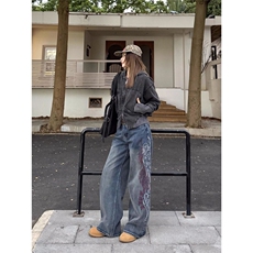 美式复古刺绣宽松直筒竹节纹牛仔裤男女阔腿街头cleanfit长裤潮，男装牛仔裤，四季星座505