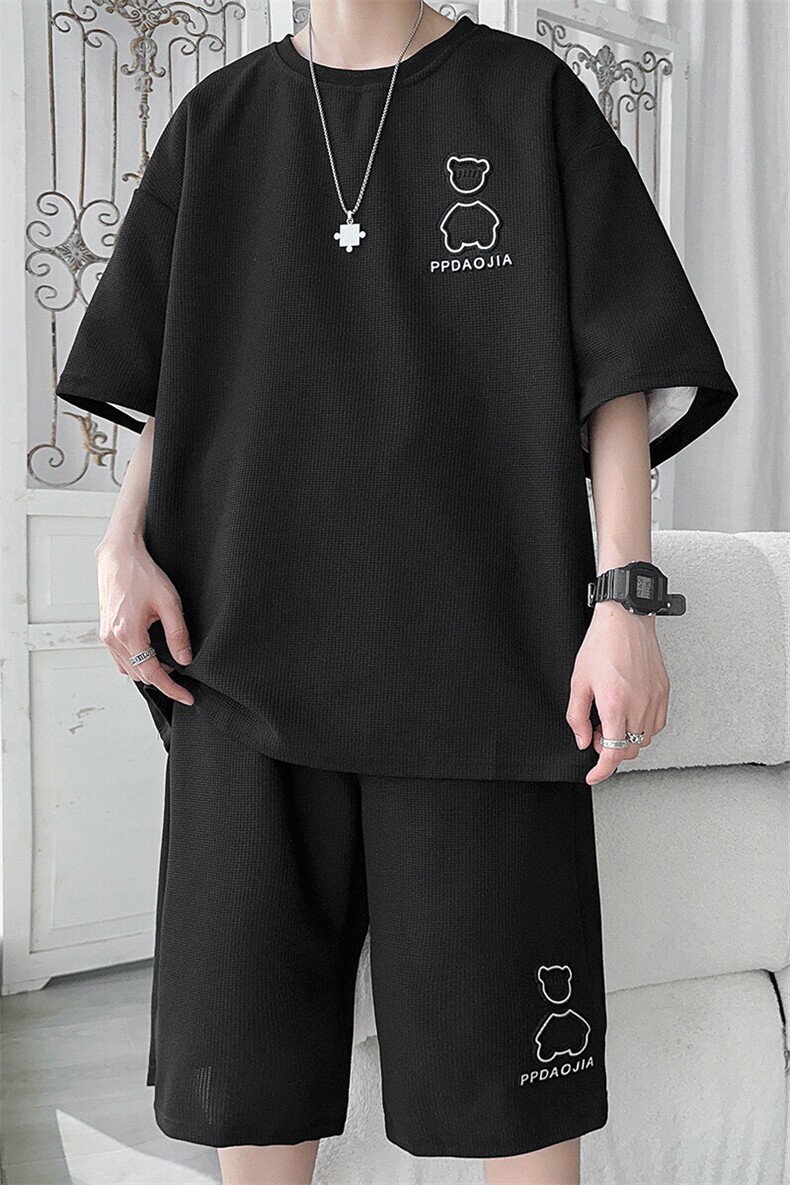夏季大码华夫格盐系五分短裤男士炫彩小熊ins短袖T恤套装TZ37-P60,男装休闲套装,电商A001-1