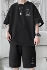 夏季大码华夫格盐系五分短裤男士炫彩小熊ins短袖T恤套装TZ37-P60，男装休闲套装，电商A001-1