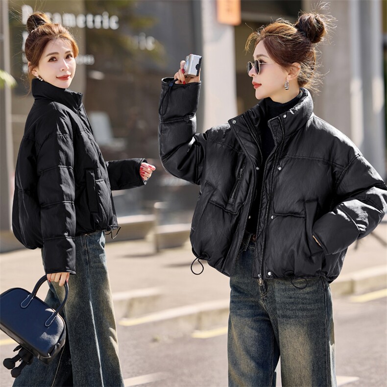 时尚短款PU皮立领羽绒服女2026冬季新款休闲保暖白鸭绒面包服外套,女装羽绒服,意芙