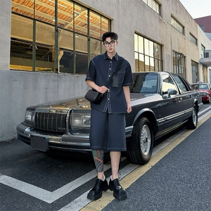 2025夏季韩系高档轻奢做旧Polo领牛仔短袖男士时尚套装TZ03/P178图片