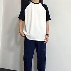 抖音得物高品质二开240克宽松纯棉美式潮牌插肩袖拼接短袖T恤，男装T恤，电商A486-1